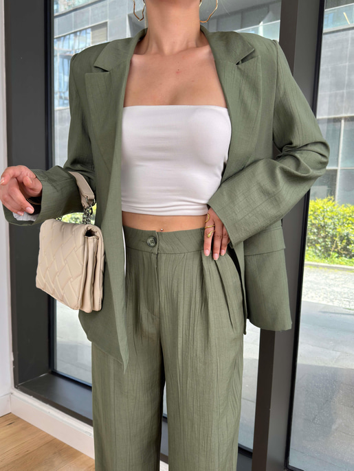 Omuz Vatkalı Kapamasız Yıır Haki Kadın Blazer Ceket 25Y078