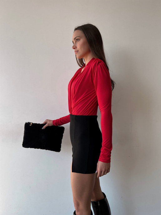 Omuzları Vatkalı Kruvaze Kadın Kırmızı Bodysuit 22K000004