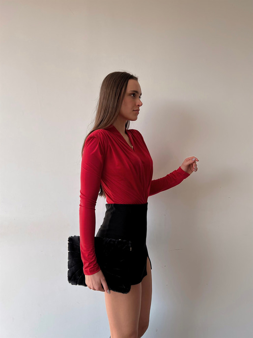 Omuzları Vatkalı Kruvaze Kadın Kırmızı Bodysuit 22K000004