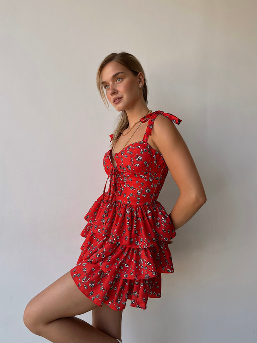 Önden Bağcıklı Çiçek Desenli Fırfırlı Tsar Kadın Kırmızı Mini Elbise 22Y000448