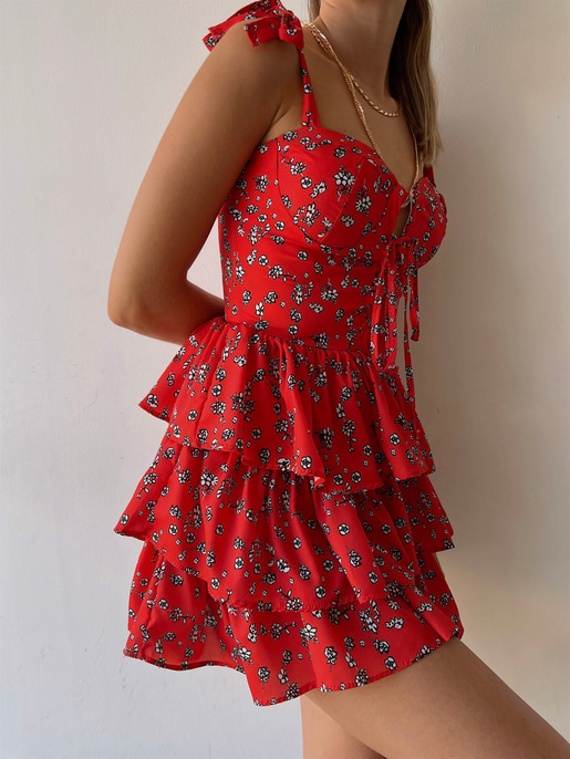 Önden Bağcıklı Çiçek Desenli Fırfırlı Tsar Kadın Kırmızı Mini Elbise 22Y000448