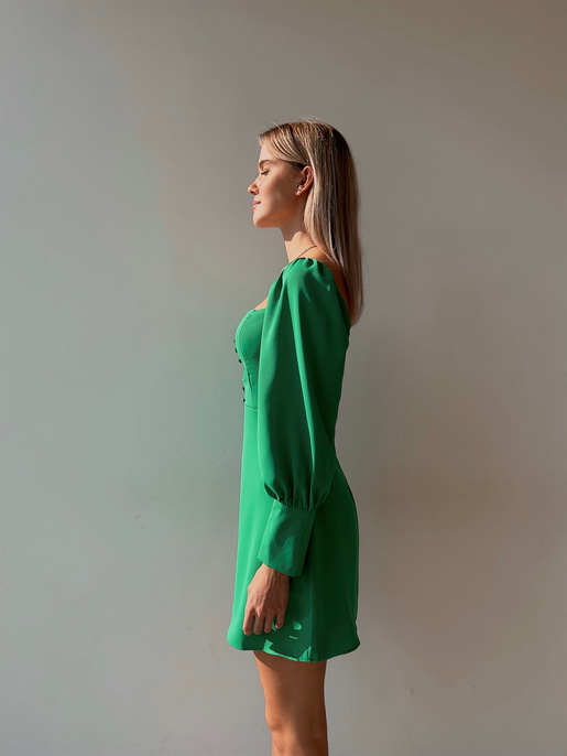 Önü Düğme Detaylı Kare Yaka Balon Kol Liberato Kadın Yeşil Mini Elbise 23K000101