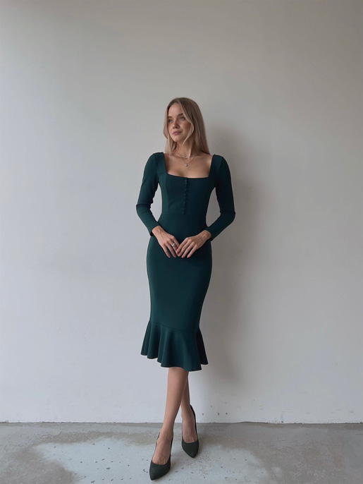 Önü Düğme Detaylı Kare Yaka Etek Ucu Fırfırlı Joceus Kadın Zümrüt Midi Boy Elbise 23K000098