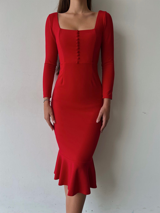 Önü Düğme Detaylı Kare Yaka Etek Ucu Fırfırlı Joceus Kadın Kırmızı Midi Boy Elbise 23K000098