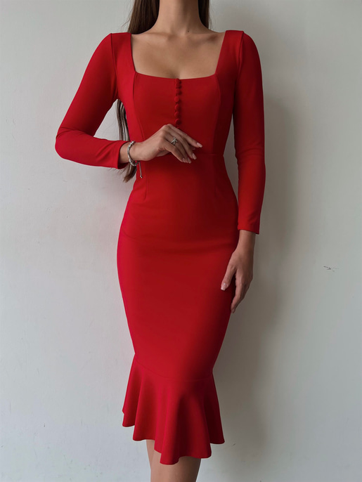 Önü Düğme Detaylı Kare Yaka Etek Ucu Fırfırlı Joceus Kadın Kırmızı Midi Boy Elbise 23K000098