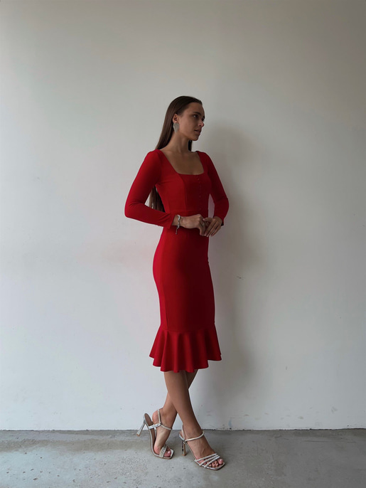 Önü Düğme Detaylı Kare Yaka Etek Ucu Fırfırlı Joceus Kadın Kırmızı Midi Boy Elbise 23K000098