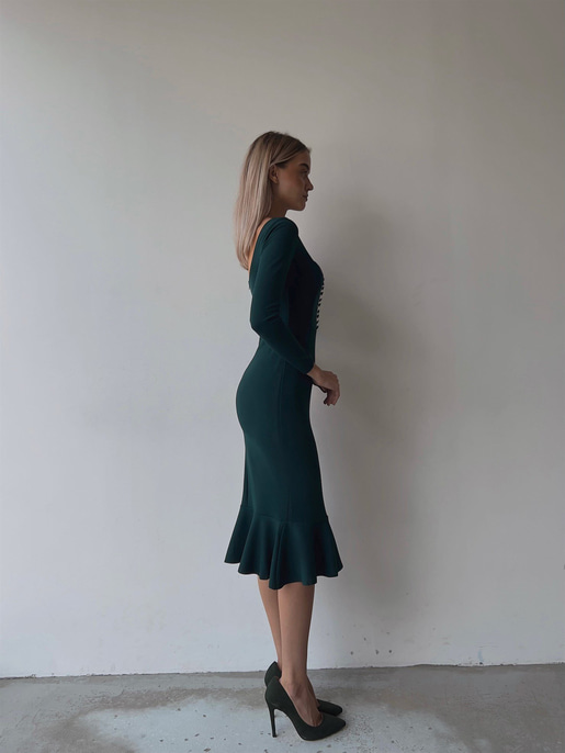 Önü Düğme Detaylı Kare Yaka Etek Ucu Fırfırlı Joceus Kadın Zümrüt Midi Boy Elbise 23K000098