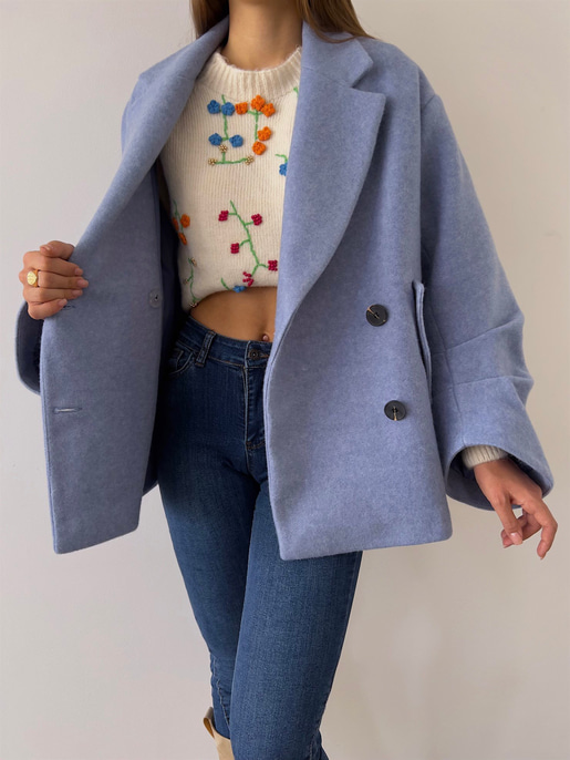 Önü Düğme Kapamalı Oversize Rosana Kadın Mavi Kaban 23K000190