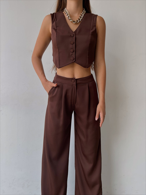 Önü Düğme Kapamalı Yelek Önden Düğmeli Yanları Cepli Bol Paça Adilson Kadın Kahve Alt-Üst takım 23K000119