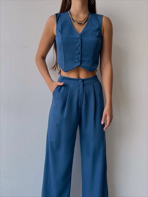 Önü Düğme Kapamalı Yelek Önden Düğmeli Yanları Cepli Bol Paça Adilson Kadın İndigo Alt-Üst takım 23K000119