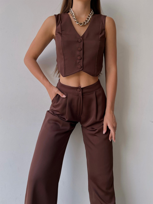 Önü Düğme Kapamalı Yelek Önden Düğmeli Yanları Cepli Bol Paça Adilson Kadın Kahve Alt-Üst takım 23K000119