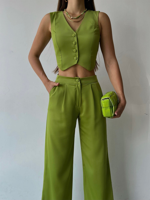Önü Düğme Kapamalı Yelek Önden Düğmeli Yanları Cepli Bol Paça Adilson Kadın Yeşil Alt-Üst takım 23K000119