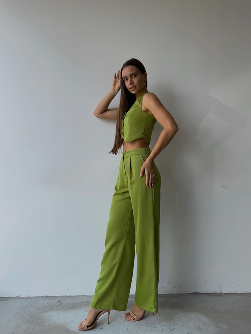 Önü Düğme Kapamalı Yelek Önden Düğmeli Yanları Cepli Bol Paça Adilson Kadın Yeşil Alt-Üst takım 23K000119