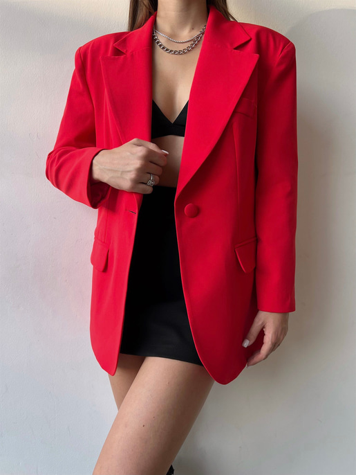 Oversize Cep Detay Tek Düğme Jerry Kadın Kırmızı Ceket 22Y000143