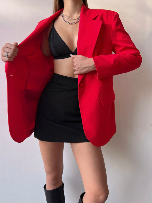 Oversize Cep Detay Tek Düğme Jerry Kadın Kırmızı Ceket 22Y000143