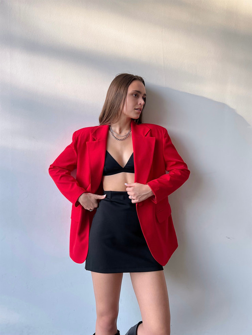 Oversize Cep Detay Tek Düğme Jerry Kadın Kırmızı Ceket 22Y000143
