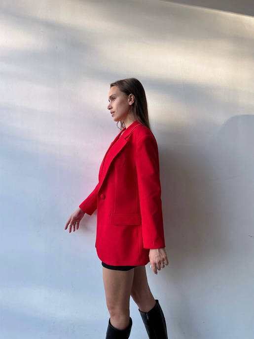 Oversize Cep Detay Tek Düğme Jerry Kadın Kırmızı Ceket 22Y000143