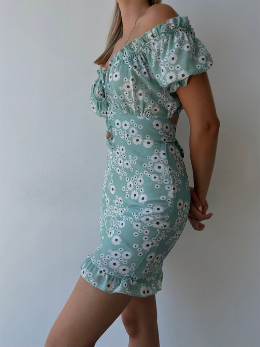 Papatya Desenli Sırt Dekolte Fırfırlı Derick Kadın Mint Şort Tulum 22Y000219