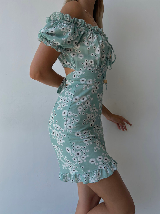 Papatya Desenli Sırt Dekolte Fırfırlı Derick Kadın Mint Şort Tulum 22Y000219