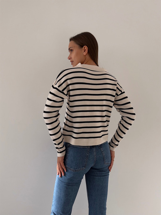 Polo Yaka Kadın Beyaz Çizgili Triko Kazak 23K000191