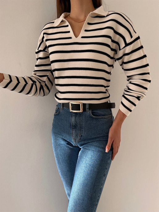 Polo Yaka Kadın Beyaz Çizgili Triko Kazak 23K000191