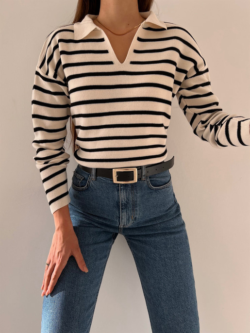 Polo Yaka Kadın Beyaz Çizgili Triko Kazak 23K000191