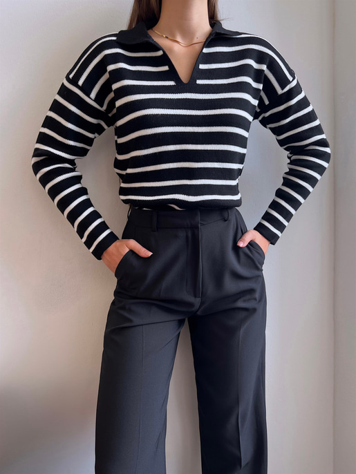 Polo Yaka Kadın Siyah Çizgili Triko Kazak 23K000191