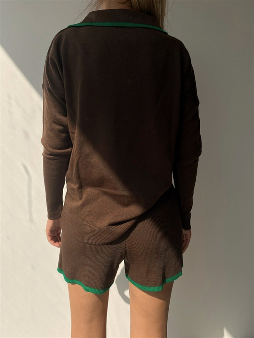 Polo Yaka Üst Lastik Bel Şortlu Kadın Kahverengi İkili Triko Takım 22K000143