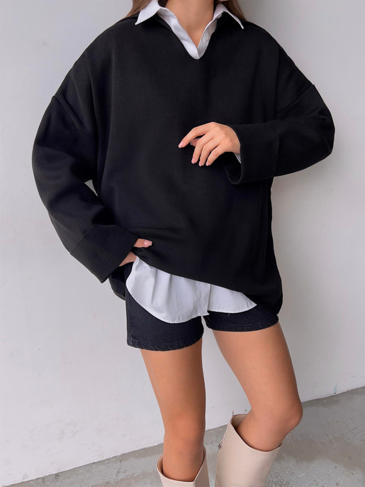 Polo Yaka Uzun Kol Oversize Kadın Siyah Kazak 23K000192