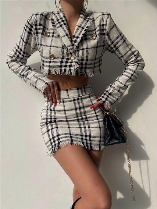 Püsküllü Ekose Mirabella Kadın Beyaz İkili Ceket Etek Takım 22K000407