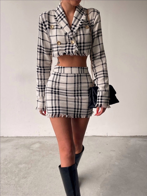 Püsküllü Ekose Mirabella Kadın Beyaz İkili Ceket Etek Takım 22K000407