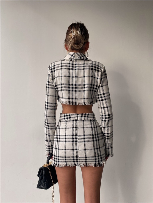 Püsküllü Ekose Mirabella Kadın Beyaz İkili Ceket Etek Takım 22K000407