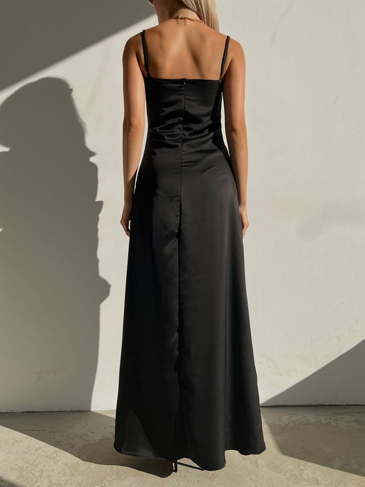 Saten Kruvaze Yaka Drapeli Jocelyn Kadın Siyah Uzun Elbise 22Y000084