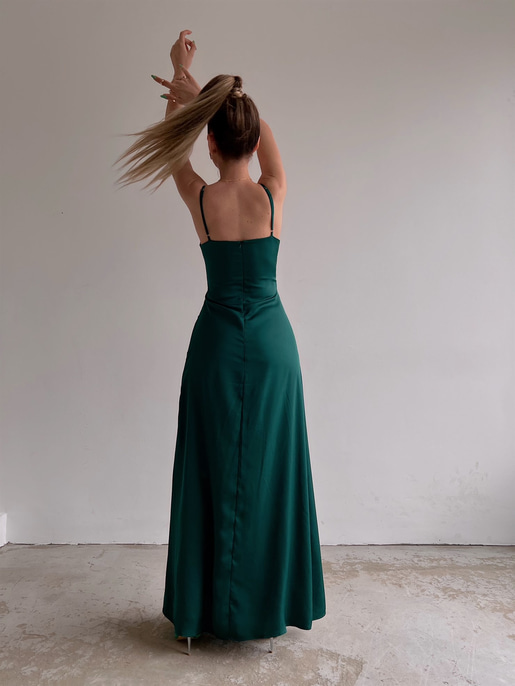 Saten Kruvaze Yaka Drapeli Jocelyn Kadın Zümrüt Uzun Elbise 22Y000084