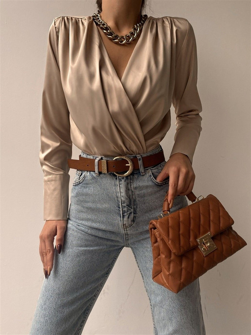 Saten Kruvaze Yaka Leonita Kadın Bej Renk Bodysuit 22K000231