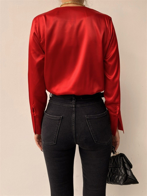 Saten Kruvaze Yaka Leonita Kadın Kırmızı Bodysuit 22K000231