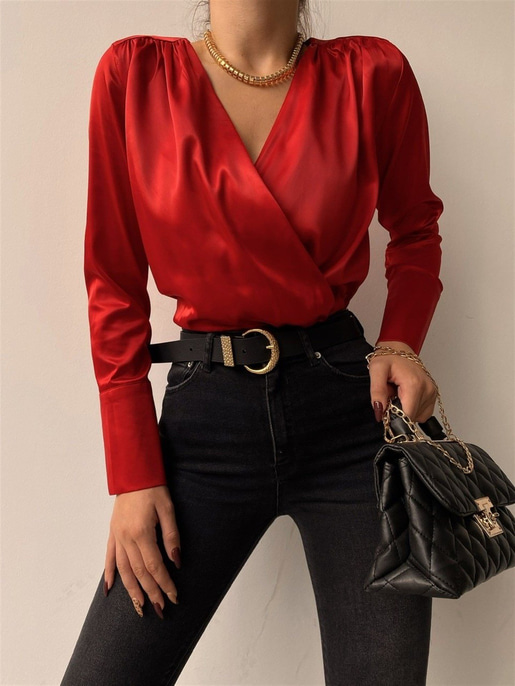 Saten Kruvaze Yaka Leonita Kadın Kırmızı Bodysuit 22K000231