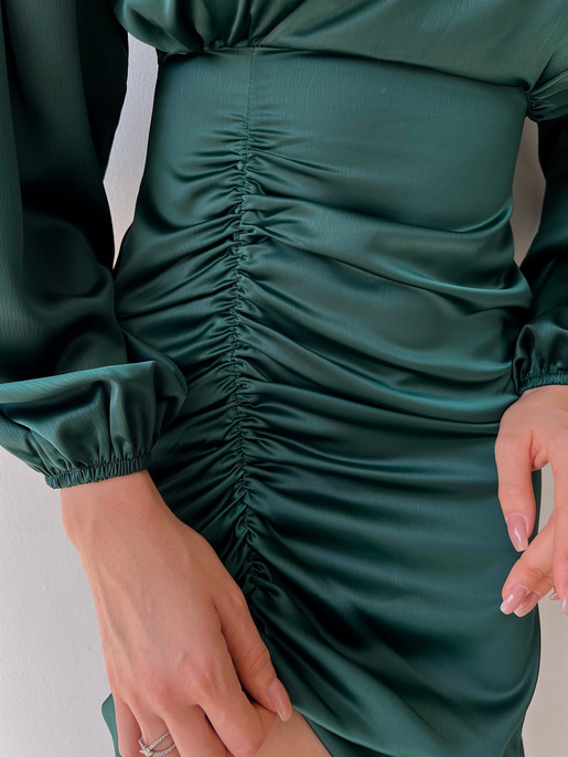 Saten Midi Önden Büzgülü Ve Yırtmaçlı Christina Kadın Zümrüt Elbise 22K000547