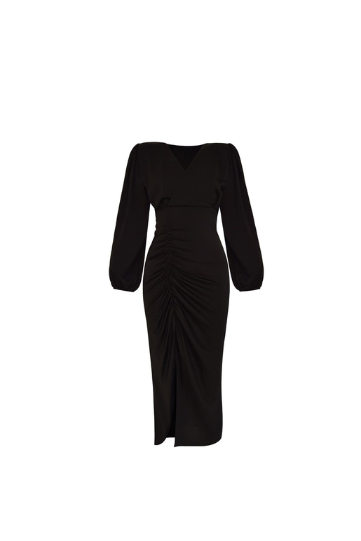 Saten Midi Önden Büzgülü Ve Yırtmaçlı Christina Kadın Siyah Elbise 22K000547