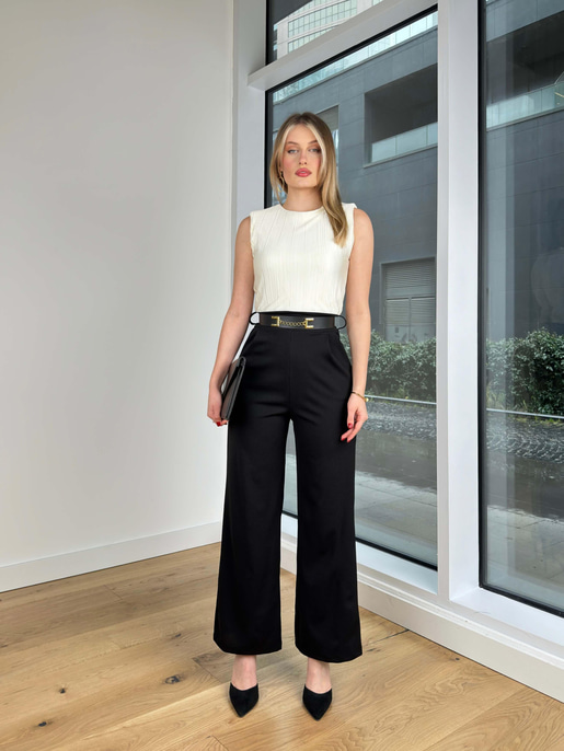 Sıfır Kol Üstü Piliseli Beli Kemerli Bol Paça Nairo Kadın Ekru Tulum 24Y096