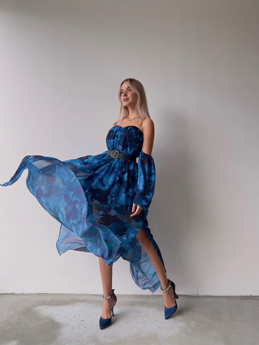 Şifon Çift Yırtmaçlı Göğüs Kuplu Lorenz Kadın Mavi Uzun Elbise 22Y000493