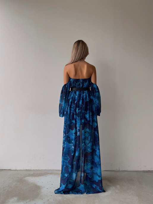 Şifon Çift Yırtmaçlı Göğüs Kuplu Lorenz Kadın Mavi Uzun Elbise 22Y000493