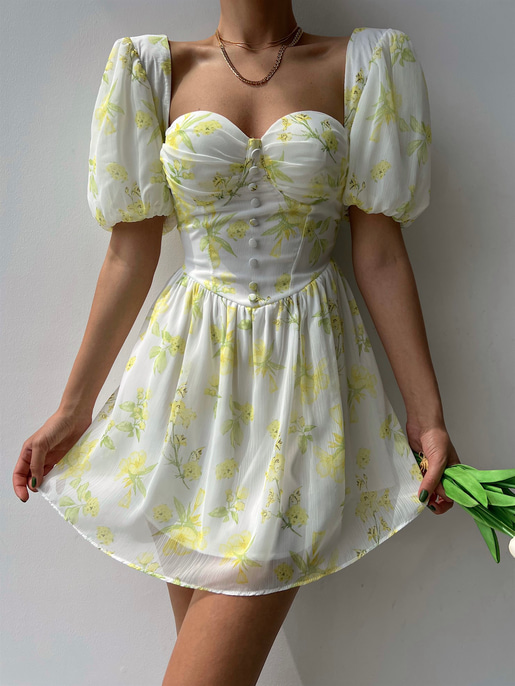 Şifon Kalp Yaka Düğme Detaylı Spiros Kadın Yeşil Mini Elbise 22Y000320