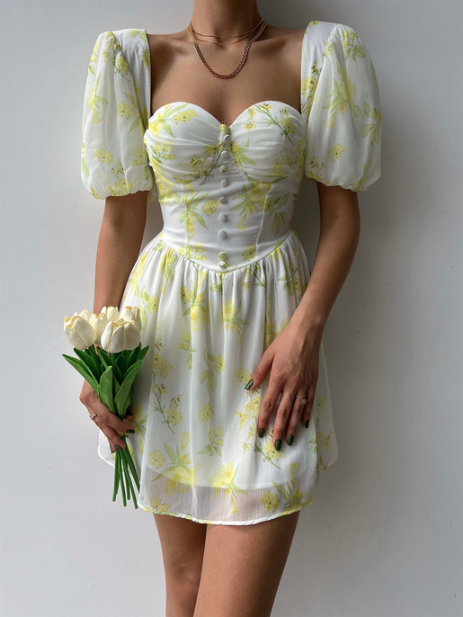 Şifon Kalp Yaka Düğme Detaylı Spiros Kadın Yeşil Mini Elbise 22Y000320