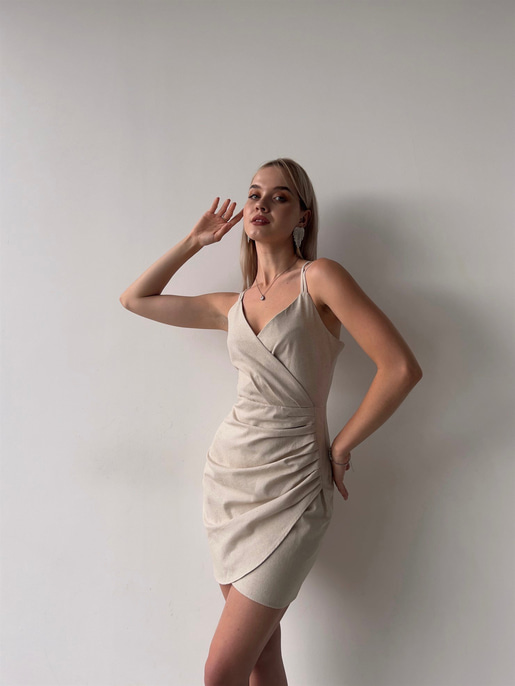 Sırt Dekolteli Kruvaze Keten Karışımı Kumaş Orela Kadın Taş Elbise 22Y000372