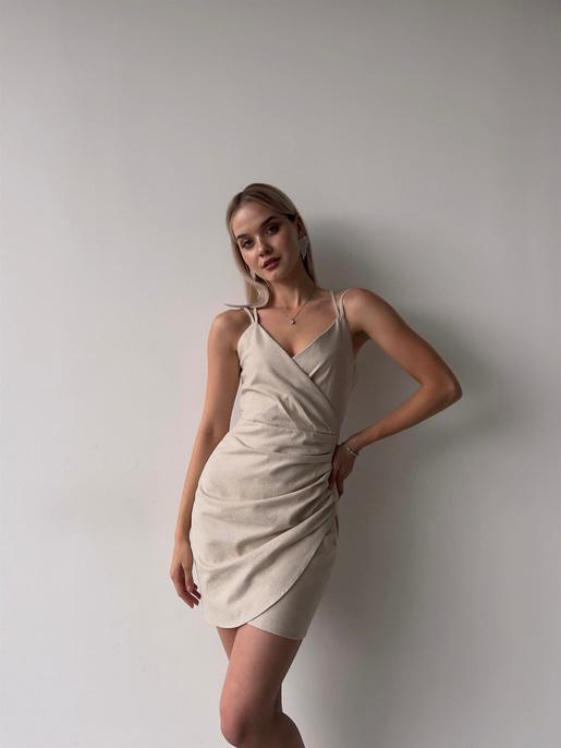 Sırt Dekolteli Kruvaze Keten Karışımı Kumaş Orela Kadın Taş Elbise 22Y000372