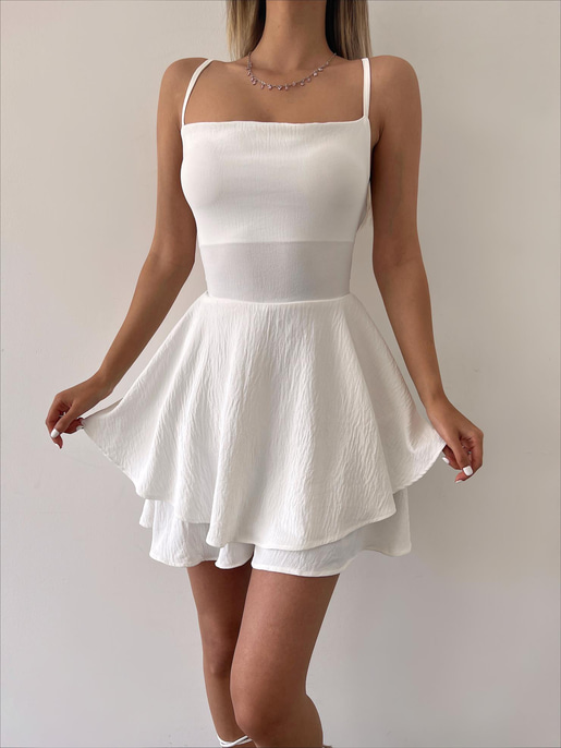 Sırt Dekolteli Volanlı Dalia Kadın Beyaz Şort Tulum 22Y000075