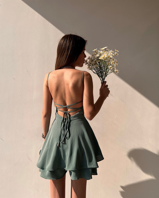 Sırt Dekolteli Volanlı Dalia Kadın Mint Şort Tulum 22Y000075