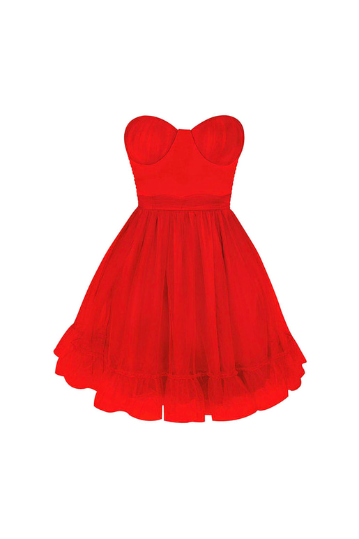 Straplez Belden Oturtmalı Eteği Tül Tara Kadın Kırmızı Mini Elbise 23Y000027