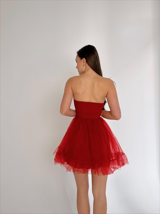 Straplez Belden Oturtmalı Eteği Tül Tara Kadın Kırmızı Mini Elbise 23Y000027